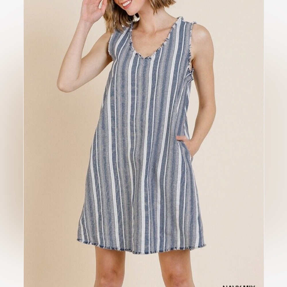 Umgee‎ USA Linen Cotton Raw Hem Striped Sleeveless A-line Drees